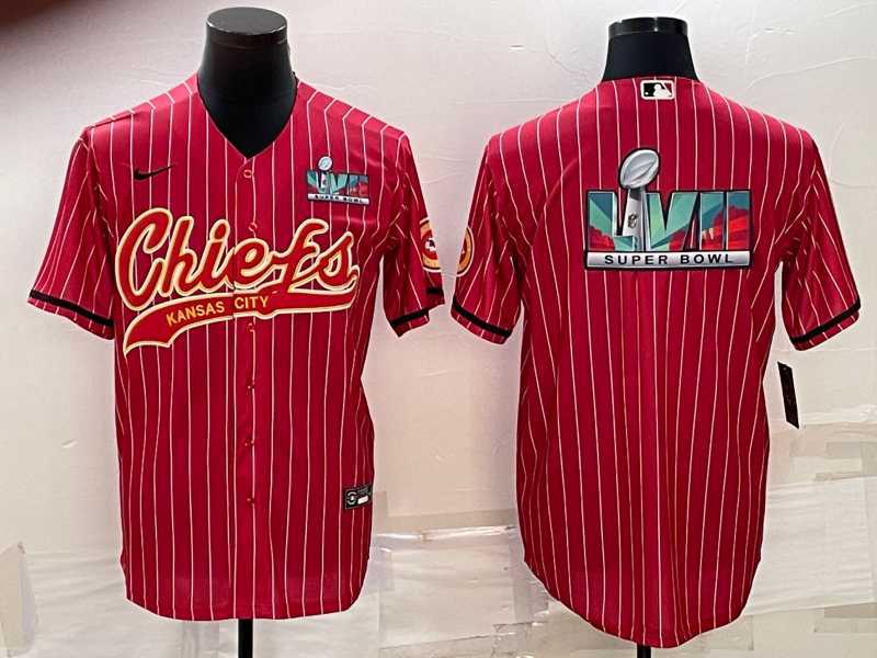 Mens Kansas City Chiefs Red With Super Bowl LVII Big Logo Cool Base Stitched Baseball Jersey